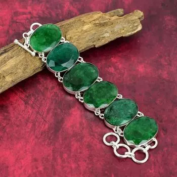 Восхитительные ювелирные изделия из замбийского изумруда, созданные в лаборатории, браслет из стерлингового серебра 925 пробы, ювелирные изделия из драгоценных камней, красивые изумрудные украшения ручной работы 8 Inches With Adjustable зелёный