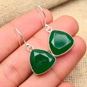 Восхитительный зеленый оникс, драгоценный камень, ювелирные серьги ручной работы из стерлингового серебра 925 пробы для женщин 1.4 Inches зелёный