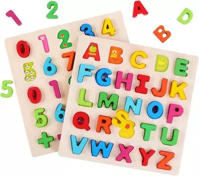 VoSinrly Деревянный алфавитный пазл Большие блоки Буквы и цифры Головоломки Обучающие обучающие блоки Доска Игрушки для дошкольников Мальчики Девочки Малыши Набор