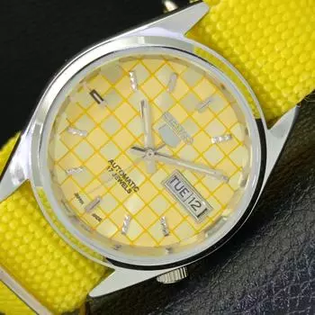 ВОССТАНОВЛЕННЫЕ МУЖСКИЕ ЧАСЫ SEIKO 5 AUTOMATIC, СДЕЛАНО В ЯПОНИИ, ЖЕЛТЫЙ ЦИФЕРБЛАТ, ИЗГОТОВЛЕНЫ НА ЗАКАЗ a440128-2 QV90-a440128