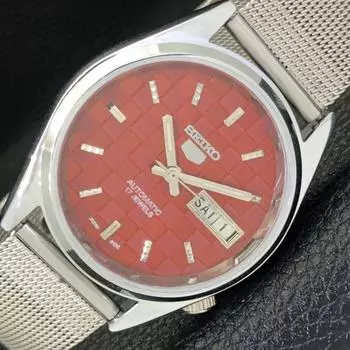 ВОССТАНОВЛЕННЫЕ МУЖСКИЕ ЧАСЫ SEIKO 5 AUTOMATIC, СДЕЛАНО В ЯПОНИИ, КРАСНЫЙ ЦИФЕРБЛАТ, ИЗГОТОВЛЕНЫ НА ЗАКАЗ a440104-2 QV90-a440104