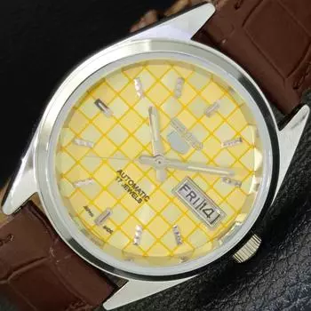 ВОССТАНОВЛЕННЫЕ МУЖСКИЕ ЧАСЫ SEIKO 5 AUTOMATIC, СДЕЛАНО В ЯПОНИИ, ЖЕЛТЫЙ ЦИФЕРБЛАТ, ИЗГОТОВЛЕНЫ НА ЗАКАЗ a440075-2 QV90-a440075