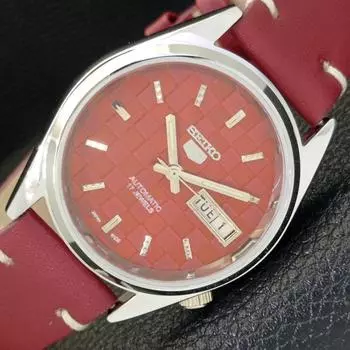 ВОССТАНОВЛЕННЫЕ МУЖСКИЕ ЧАСЫ SEIKO 5 AUTOMATIC, СДЕЛАНО В ЯПОНИИ, КРАСНЫЙ ЦИФЕРБЛАТ, ИЗГОТОВЛЕНЫ НА ЗАКАЗ a440120-2 QV90-a440120