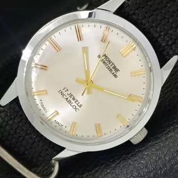 ВОССТАНОВЛЕННЫЕ МУЖСКИЕ ШВЕЙЦАРСКИЕ ЧАСЫ MONTINE 17 JEWELS WINDING С СЕРЕБРЯНЫМ ЦИФЕРБЛАТОМ a432117-2 R110-a432117