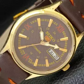 ВОССТАНОВЛЕННЫЕ ВИНТАЖНЫЕ МУЖСКИЕ ЧАСЫ SEIKO 5 AUTOMATIC JAPAN С КОРИЧНЕВЫМ ЦИФЕРБЛАТОМ a433722-2 R118-a433722