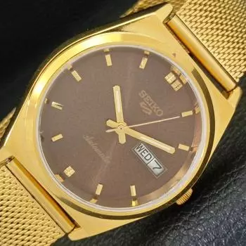 ВОССТАНОВЛЕННЫЕ ВИНТАЖНЫЕ МУЖСКИЕ ЧАСЫ SEIKO 5 AUTOMATIC JAPAN С КОРИЧНЕВЫМ ЦИФЕРБЛАТОМ a435146-2 R122-a435146
