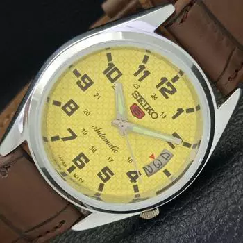 ВОССТАНОВЛЕННЫЕ ВИНТАЖНЫЕ МУЖСКИЕ ЧАСЫ SEIKO 5 AUTOMATIC JAPAN С ЖЕЛТЫМ ЦИФЕРБЛАТОМ a435095-2 R122-a435095
