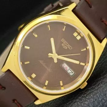 ВОССТАНОВЛЕННЫЕ ВИНТАЖНЫЕ МУЖСКИЕ ЧАСЫ SEIKO 5 AUTOMATIC JAPAN С КОРИЧНЕВЫМ ЦИФЕРБЛАТОМ a435147-2 R122-a435147