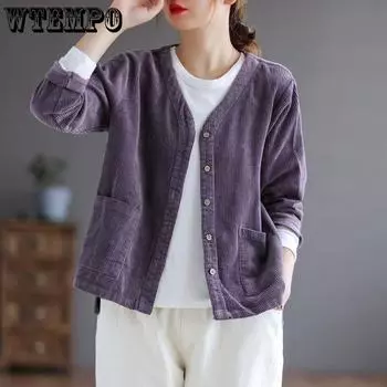 Восстановить V-образный вырез вельветовое пальто весна осень куртка женская короткая однобортная повседневная корейская куртка топы женская одежда M
