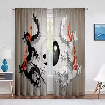 Восточный тематический дракон с занавесками Инь-Ян для украшения гостиной, современные прозрачные занавески для кухни, спальни, 2 панели 140W160H(CM)55x63in&Grommet Top