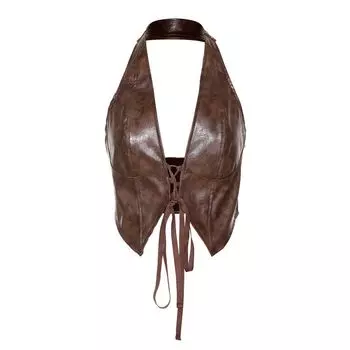 Vostudio Sexy Sexy Low Cut V Neck Backless Halter Cardigan Retro PU Leather Shoelace Small Tank Top Top Women Brown S