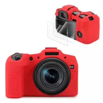 VOVMOEYA Совместим с защитным чехлом для камеры Canon EOS R8, 2 закаленных стеклянных пленки, чехол для корпуса 9H EOS R8 из мягкого силикона для беззеркальной камеры красный