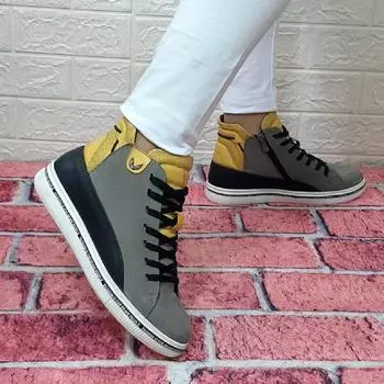 Voyager 8498 Серо-желтые ботильоны из натуральной кожи с противоскользящей подошвой на молнии