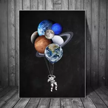 Воздушный шар Космос Астронавт Семь Планет Холст Настенная Живопись Современные Плакаты Печатает Абстрактное Искусство Декор для Гостиной Спальни Украшения Домашнего Офиса 20x30cm No Frame белый