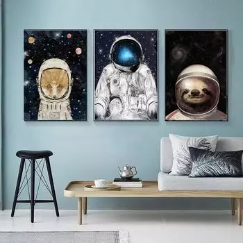 Воздушный шар, настенная живопись на холсте, космонавт, планета, космические принты, постеры, скандинавские мультяшные животные, настенные панно для детей, гостиная, без рамки 21*30cm