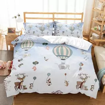 Воздушный шар Пододеяльник Комплект односпальных постельного белья с изображением мультяшных животных Милый слон-пятнистый олень Покрывало для детей-подростков EU single(135x200cm)
