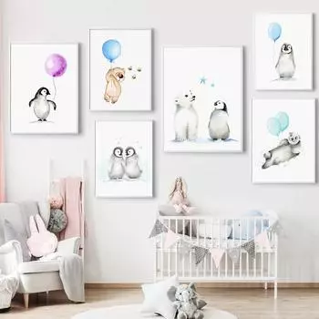 Воздушный шар с животными, детская настенная живопись на холсте, плакат с принтом, медведь, пингвин, картина, скандинавская детская картина для украшения спальни A4 21x30cm No Frame