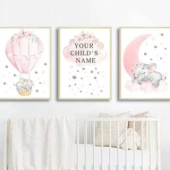 Воздушный шар со слоном, Розовое Радужное Облако, Лунная картина, настенная живопись на холсте, настенная живопись, украшение для детской комнаты, милый портрет, безрамное 21*30cm