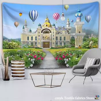 Воздушный шар Замок Гобелен Настенный декор Городское здание Богемный Покрывало Дорожный Матрас Спальня Фон Декор 95x70CM