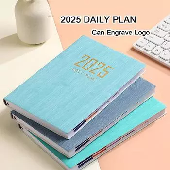 (Возможна гравировка логотипа) Мягкий кожаный деловой план на 2025 год, ежедневник для студентов на 365 дней, записная книжка, памятка, внутренние страницы на английском языке A5