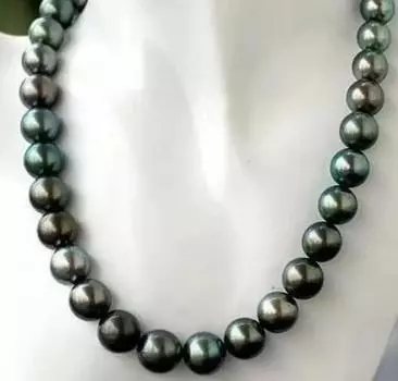 Впечатляющее круглое жемчужное ожерелье, черно-зеленое Таити 9-10 мм 18 дюймов