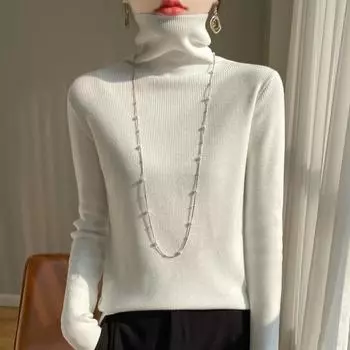 Вязаная базовая рубашка с воротником-стойкой для женщин, новинка осени и зимы, приятный к коже теплый свитер, простой и универсальный топ с длинным рукавом M белый