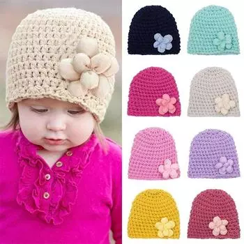 Вязаная детская шапка с цветком, осенне-зимняя теплая шапочка для мальчиков и девочек, милая однотонная шапочка для новорожденных, аксессуар красный