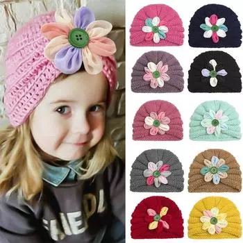 Вязаная детская шапка с пуговицами и цветком для мальчиков и девочек, осенне-зимняя теплая толстая мягкая шапочка, милая шерстяная шапочка для новорожденных малышей чёрный