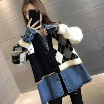 Вязаная джинсовая куртка из двух частей, женская, весна-осень 2022, новый корейский свободный кардиган, повседневный топ