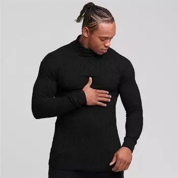 Вязаная футболка мужская однотонная осенняя полуводолазка нижняя рубашка тонкая осенняя одежда с длинными рукавами до середины шеи M чёрный
