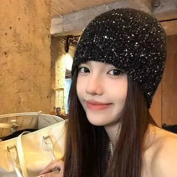 Вязаная холодная шапка с пайетками Y2k, женская новая одежда начала осени 2024 года с небольшим ароматным ветровым головным убором, чтобы показать лицо небольшой стопки шляп M56-58cm