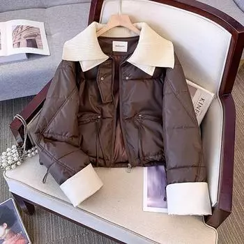 Вязаная кожаная куртка с большими лацканами, пуховик женский, зимняя новая, в стиле Кендо, короткая белая куртка на утином пуху S