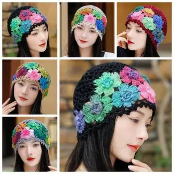 Вязаная крючком цветочная ажурная шапка в этническом стиле, пуловер, шапка, милая женская шапочка вино красного