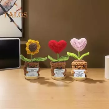Вязаная крючком кукла-подсолнух, эмоциональная вдохновляющая поддержка, кукла-растение в горшке, вдохновляющая кукла ручной работы с позитивной открыткой для подарка, поднимающего настроение, домашнего декора B