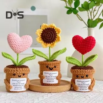 Вязаная крючком кукла-подсолнух, эмоциональная вдохновляющая поддержка, кукла-растение в горшке, вдохновляющая кукла ручной работы с позитивной открыткой для подарка, поднимающего настроение, домашнего декора B
