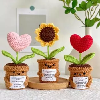 Вязаная крючком кукла-подсолнух, эмоциональная вдохновляющая поддержка, кукла-растение в горшке, вдохновляющая кукла ручной работы с позитивной открыткой для подарка, поднимающего настроение, домашнего декора C