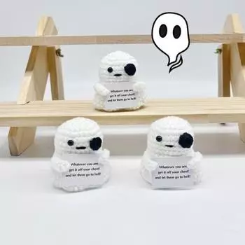 Вязаная крючком кукла-призрак на Хэллоуин с карточкой, эмоциональная поддержка, сделай сам, вязание ручной работы, мини-игрушка-призрак белого цвета, украшение для детей и взрослых, фестивальный подарок A