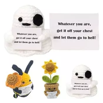 Вязаная крючком кукла-призрак с позитивной открыткой, эмоциональной поддержкой, ручная работа, мини-вязаная кукла-пчела в горшке с подсолнухом B