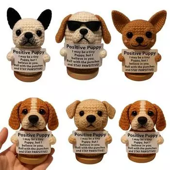 Вязаная крючком кукла щенок ручной работы эмоциональная поддержка щенок с вдохновляющей открыткой позитивный мини-вязаный крючком собачий орнамент подарок для поощрения