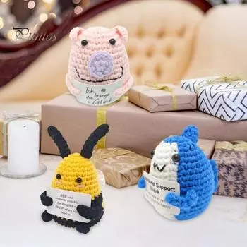 Вязаная крючком кукла-животное ручной работы, позитивная вязаная крючком фигурка животного, мини-украшение в виде животного с поощрительной открыткой, подарок для друзей, семьи розовый