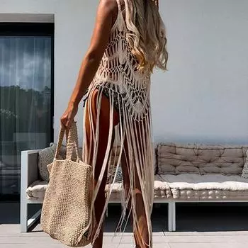 Вязаная крючком пляжная накидка с бахромой в стиле бохо-шик. Полая юбка ручной работы с цветочным принтом и крючками.