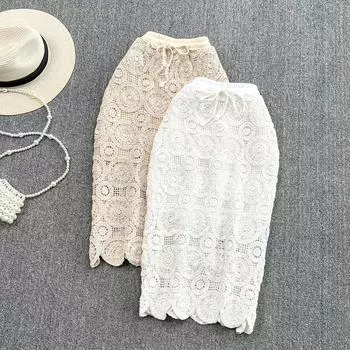 Вязаная крючком полая юбка для отдыха на море, летняя новая корейская версия с высокой талией, утягивающая юбка длиной до бедра One Size бежевый