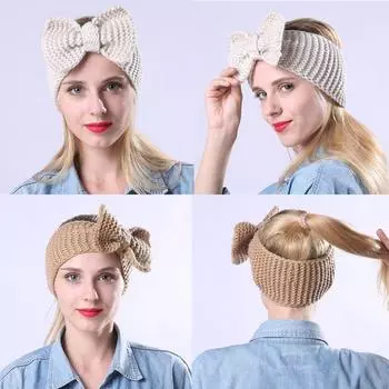 Вязаная крючком повязка на голову с бантом для женщин и девочек, зимние теплые уши, вязаный тюрбан, повязка на голову, шерстяная повязка на голову, тюрбаны, аксессуары для волос для девочек чёрный