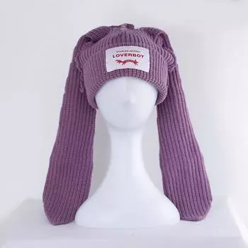 Вязаная крючком шапка Skullies шапка с длинными ушками, милая шапка с кроличьими ушками, женская шапка на осень-зиму, теплая забавная шапка королевский синий