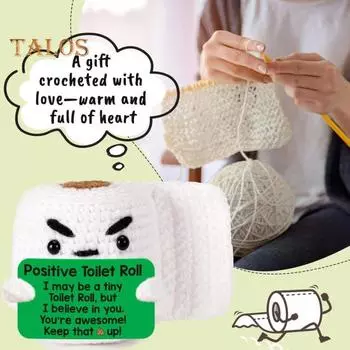 Вязаная крючком туалетная трубка с позитивной открыткой Мини-вязаная ручная работа рулон бумаги кукла игрушка для снятия стресса украшение для домашнего офиса рабочего стола орнамент белый