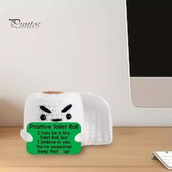 Вязаная крючком туалетная трубка с позитивной открыткой Мини-вязаная ручная работа рулон бумаги кукла игрушка для снятия стресса украшение для домашнего офиса рабочего стола орнамент белый