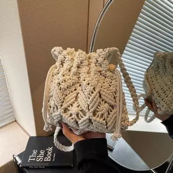 Вязаная крючком женская сумка в стиле бохо, полая сумка через плечо, плетеная маленькая сумка бежевый