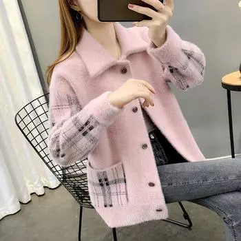 Вязаная куртка осень-зима женская свободная плюшевая куртка-кардиган One Size хаки