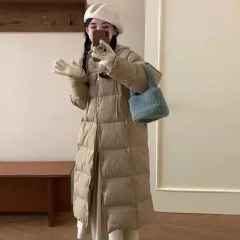 Вязаная куртка с капюшоном женская длинная зимняя новинка 2024 года, утолщенная свободная теплая милая куртка до колена S хаки