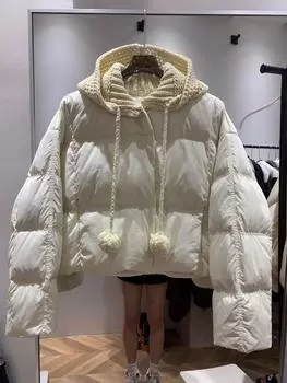 Вязаная куртка с капюшоном женская короткая на осень и зиму новая съемная шерстяная шапка пуховик теплая куртка average size, recommended within 72.5 kg